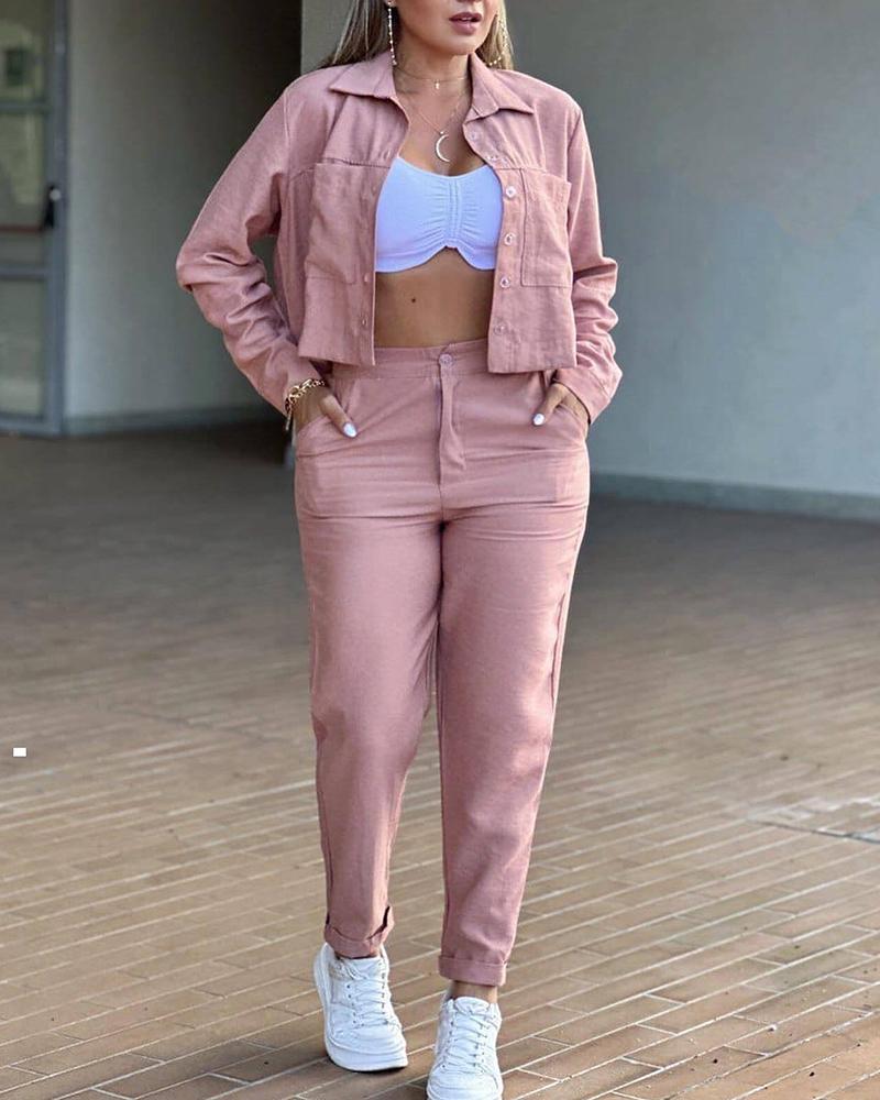 

Pocket Design Buttoned Top & Pants Set, Pink