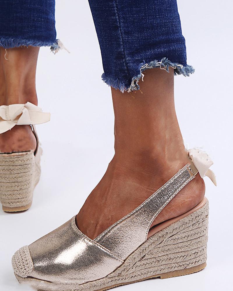 

Print Round-toe Sling Back Wedge Shoes, Gold