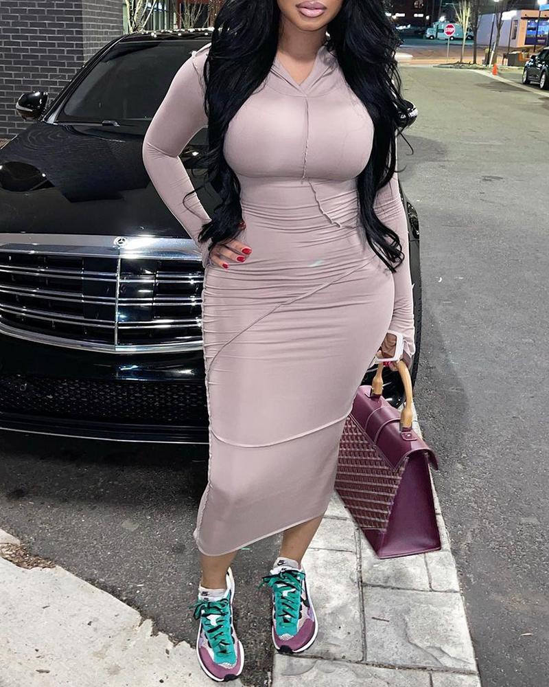 

Long Sleeve Skinny Hooded Maxi Dress, Pink