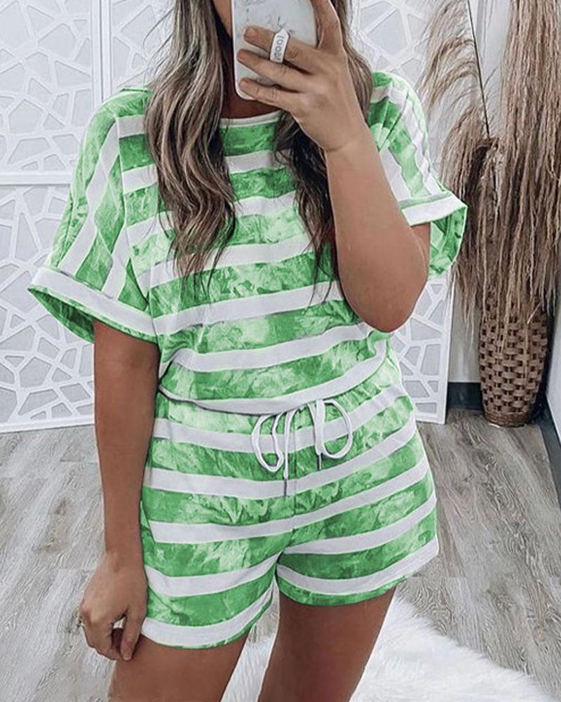 

Tie Dye Striped Print Casual Top & Drawstring Shorts Set, Green