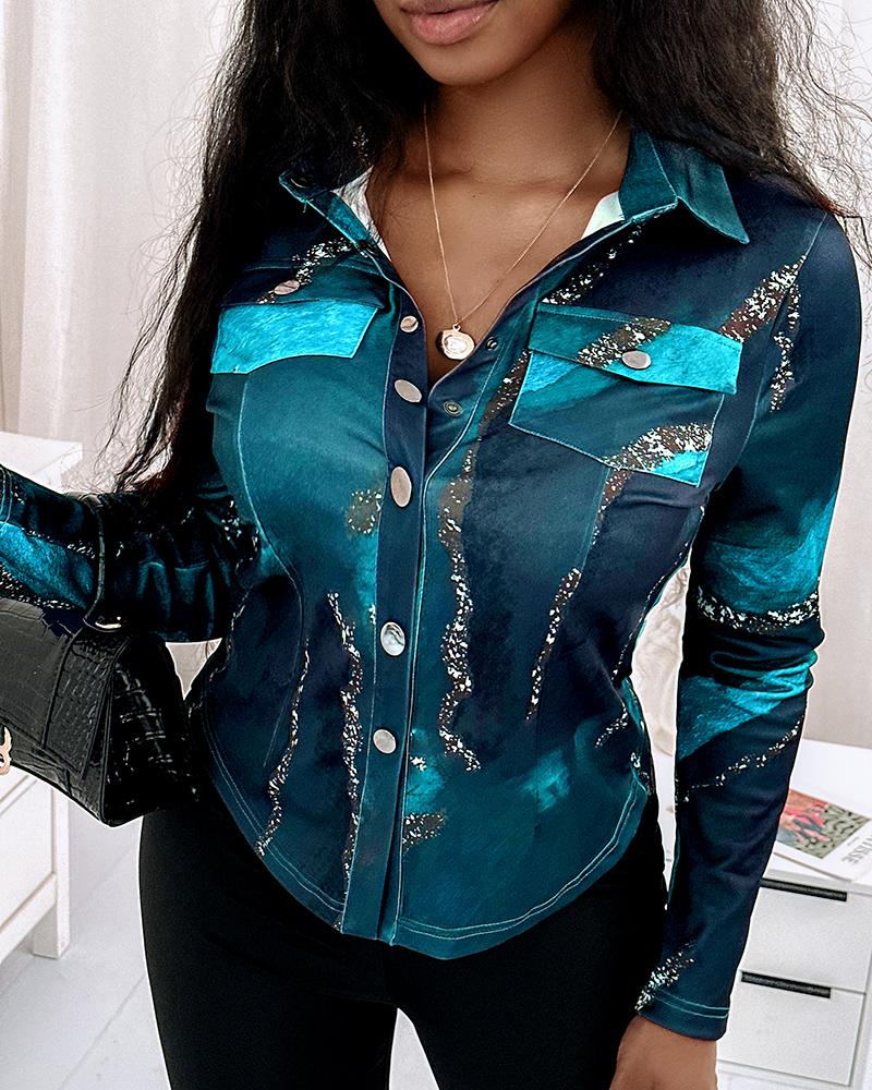 

Marble Print Long Sleeve Button Down Shirt, Green
