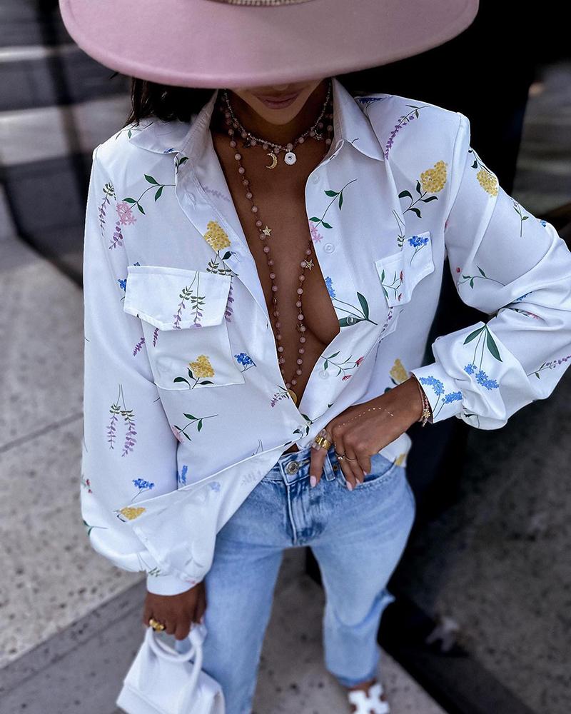 

Floral Print Lantern Sleeve Pocket Design Shirt, White