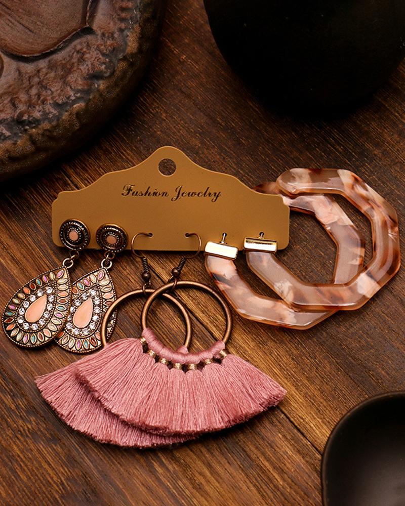 

3Pairs Bohemian Tassel Design Hollow Waterdrop Hoop Dangle Earrings Set, Pink