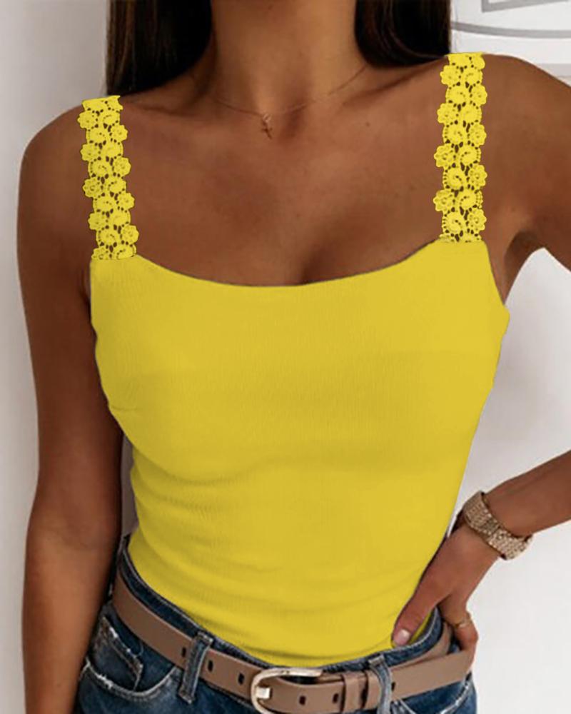 

U Neck Lace Patch Tank Top, Yellow