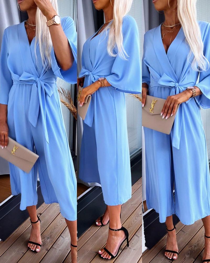 

Bell Sleeve Tied Detail Wide Leg Jumpsuit, Lighted blue