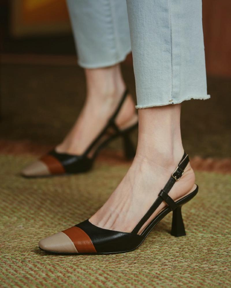 

Colorblock Slingback Square Toe Pyramid Heels, Black