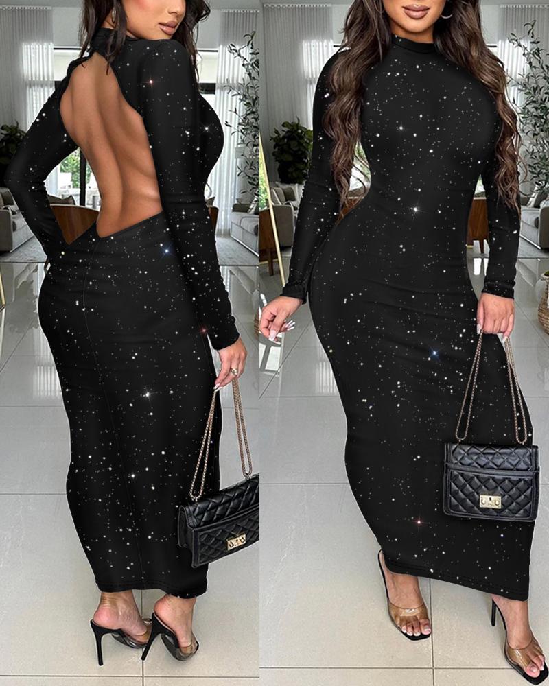 

Glitter Backless Mock Neck Bodycon Dress, Black