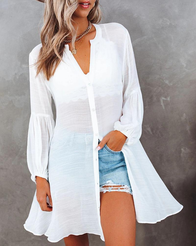 

Lantern Sleeve Button Front Shirt, White