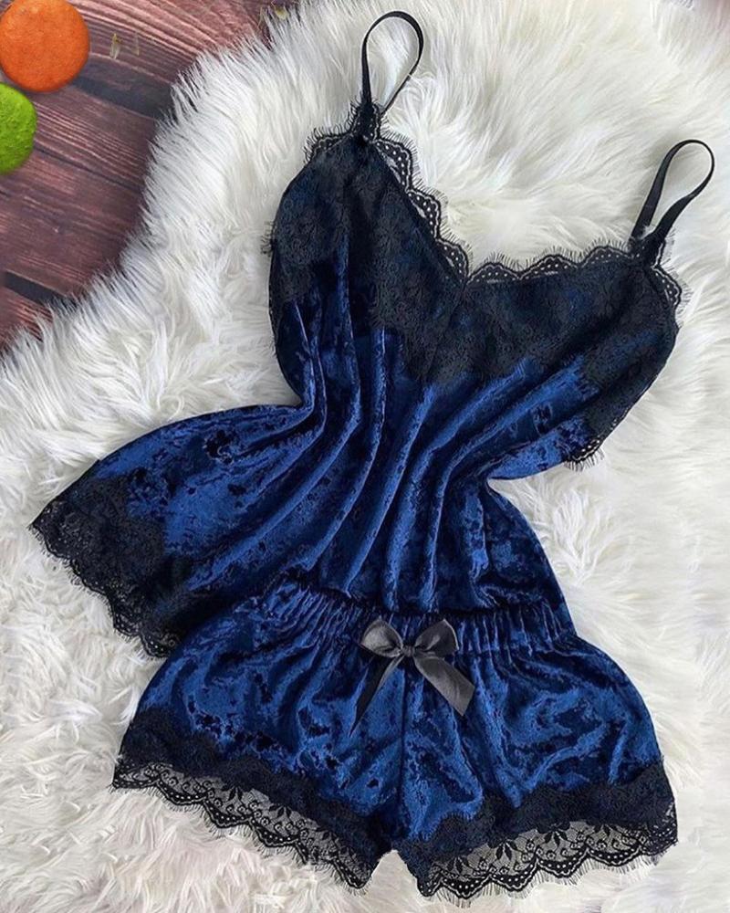 

V-neck Lace Trim Cami Sets, Dark blue