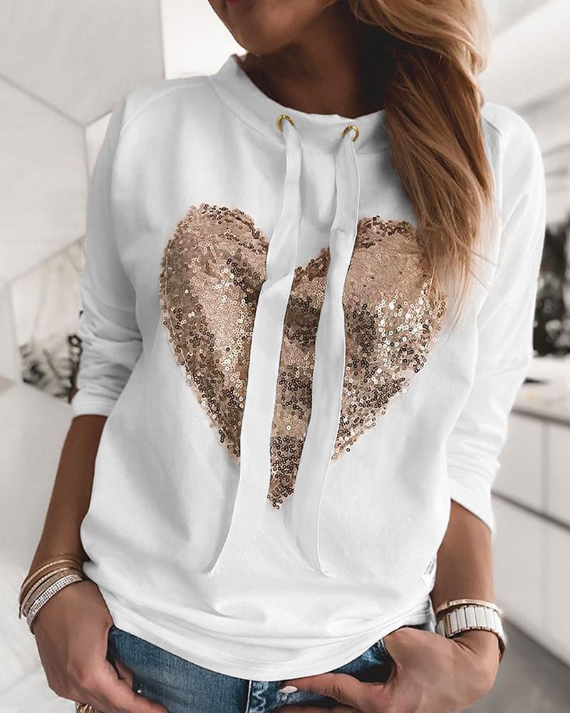 

Sequins Heart Pattern Drawstring Sweatshirt, White