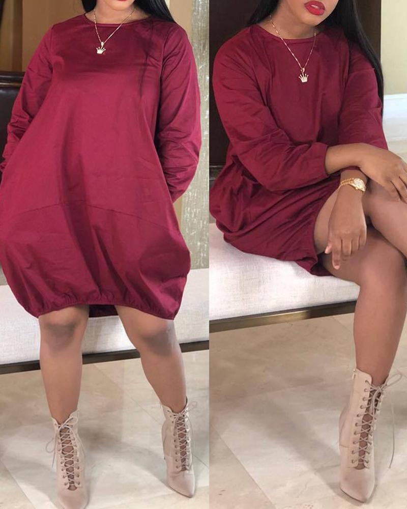 

Plain Long Sleeve Parachute Dress, Wine red