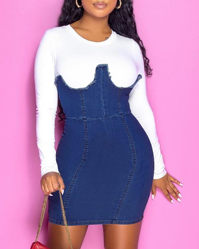 

Denim Patch Fringe Hem Colorblock Dress, White