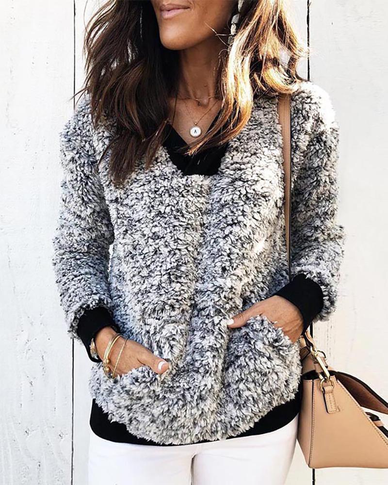 

Colorblock Long Sleeve Teddy Sweater, Gray