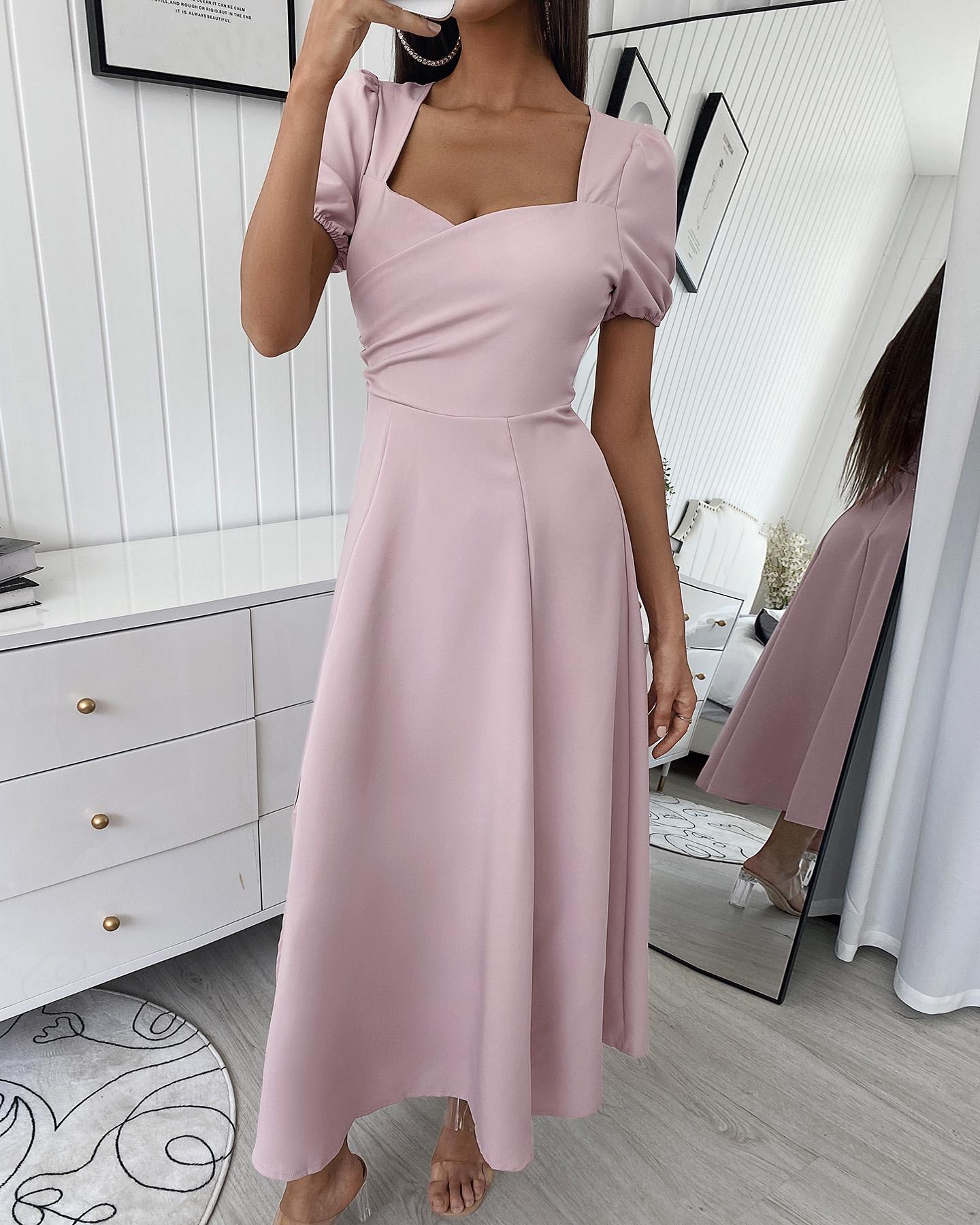 

Short Sleeve Backless Ruched Casual Dress, Pink
