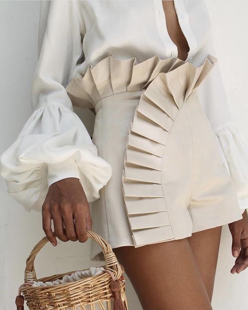 

Ruffle Hem Ruched High Waist Shorts, Beige