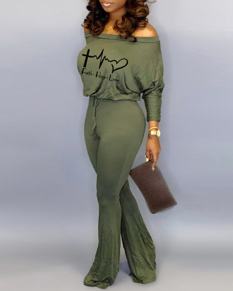 

Letter Heart Print Drawstring Bootcut Jumpsuit, Gray