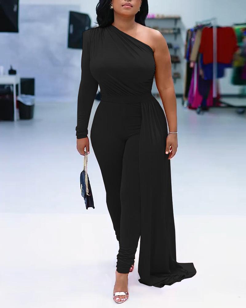 

One Shoulder Draped Detail Ruched Jumpsuit, Black