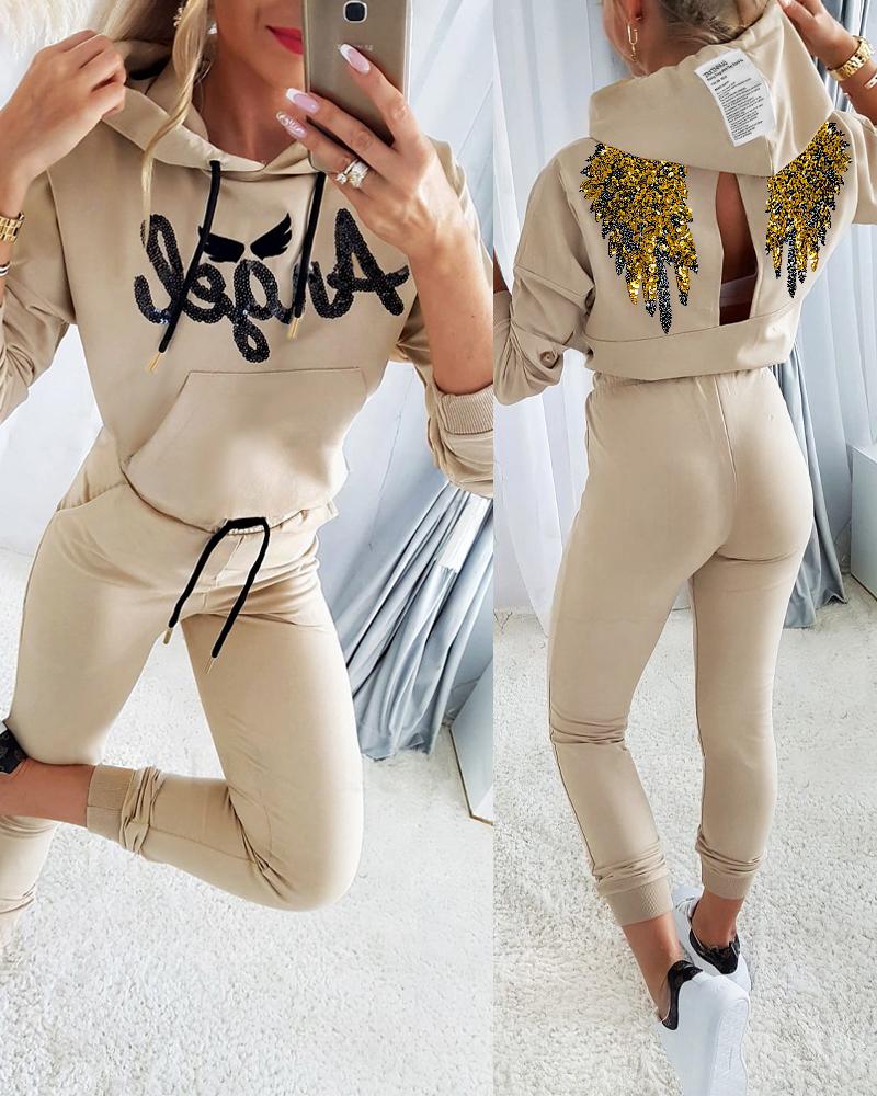 

2PCS Letter Wings Pattern Contrast Sequin Backless Hoodie & Cuffed Pants Set, Khaki