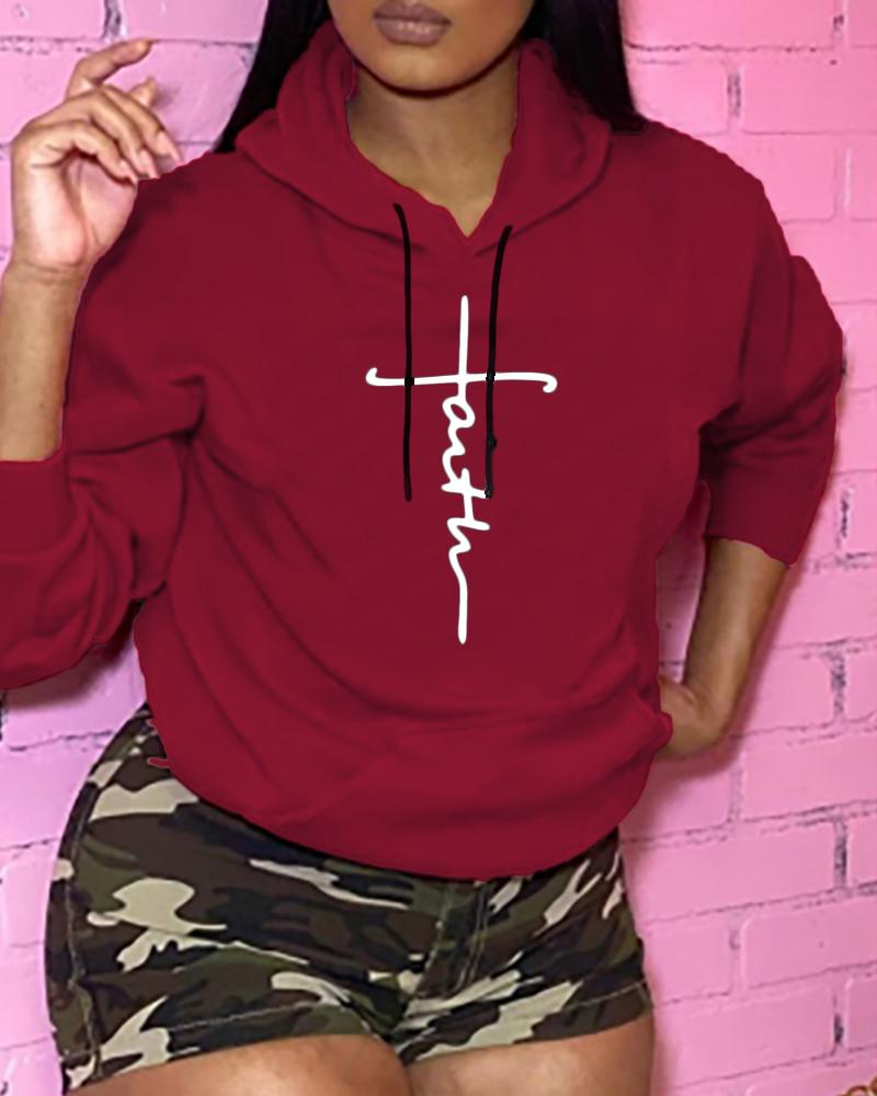 

Letter Print Long Sleeve Hooded Top, Wine red