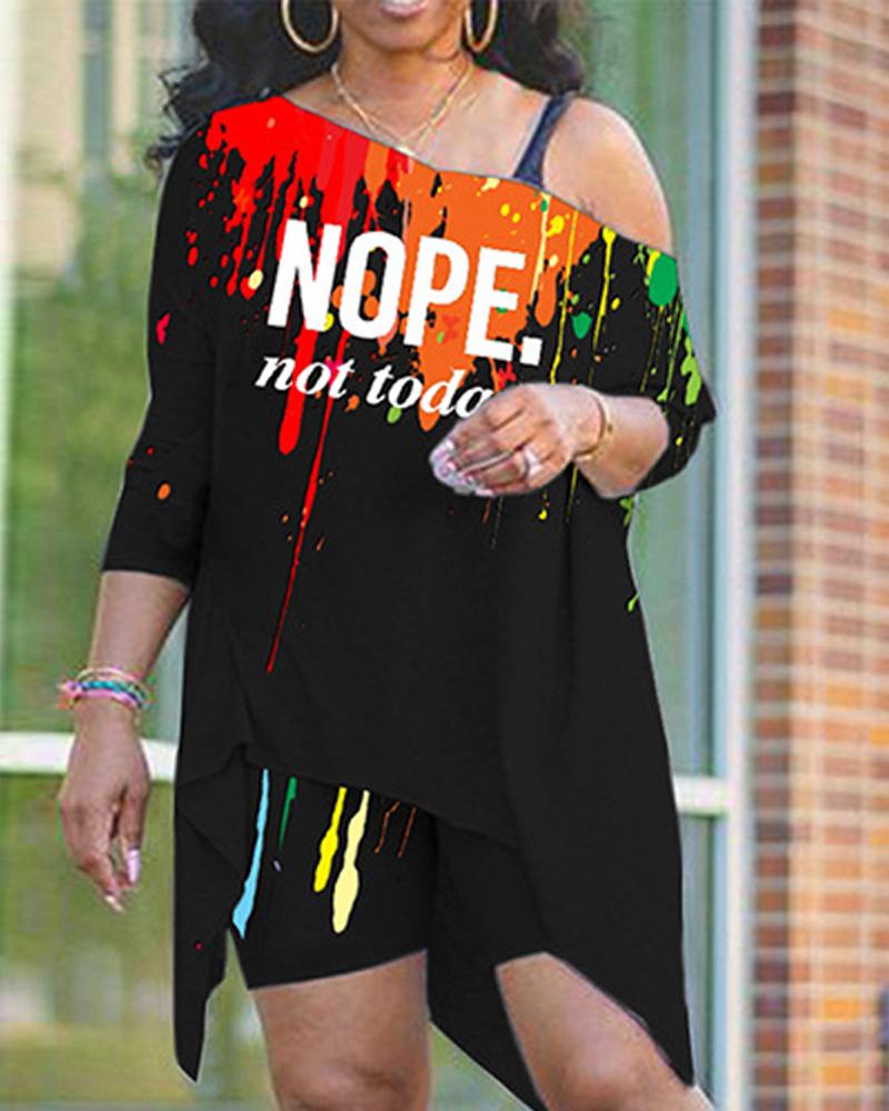

Ink Splash Letter Print Asymmetrical Top & Shorts Set, Black