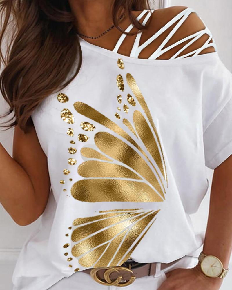 

Butterfly Print Cold Shoulder Top, White