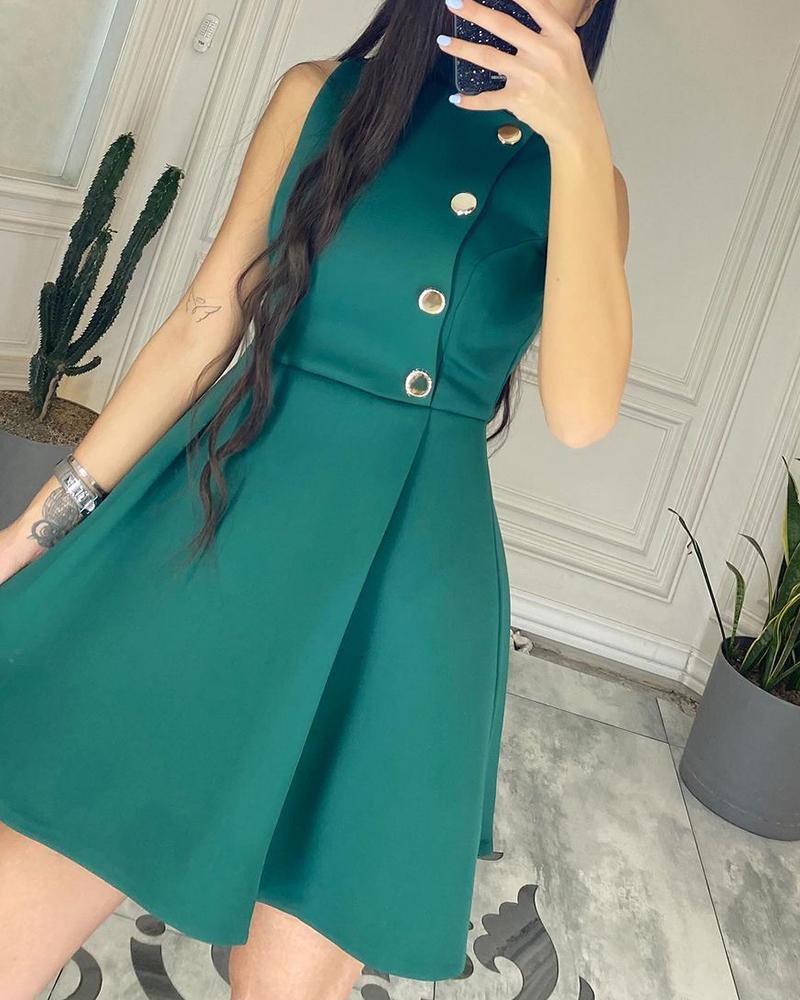 

Buttoned Sleeveless Slim Waist Work Dress, Green