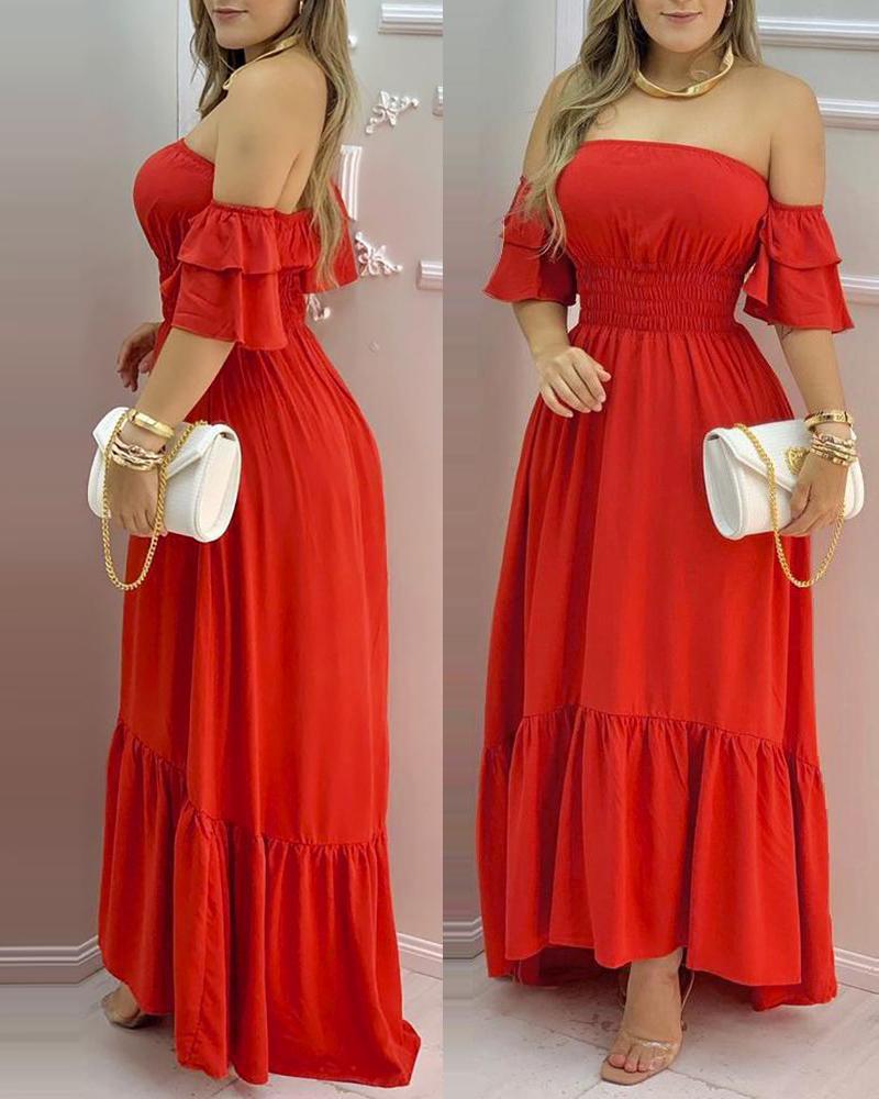 

Off Shoulder Shirring Detail Layered Sleeve Maxi Dress, Red