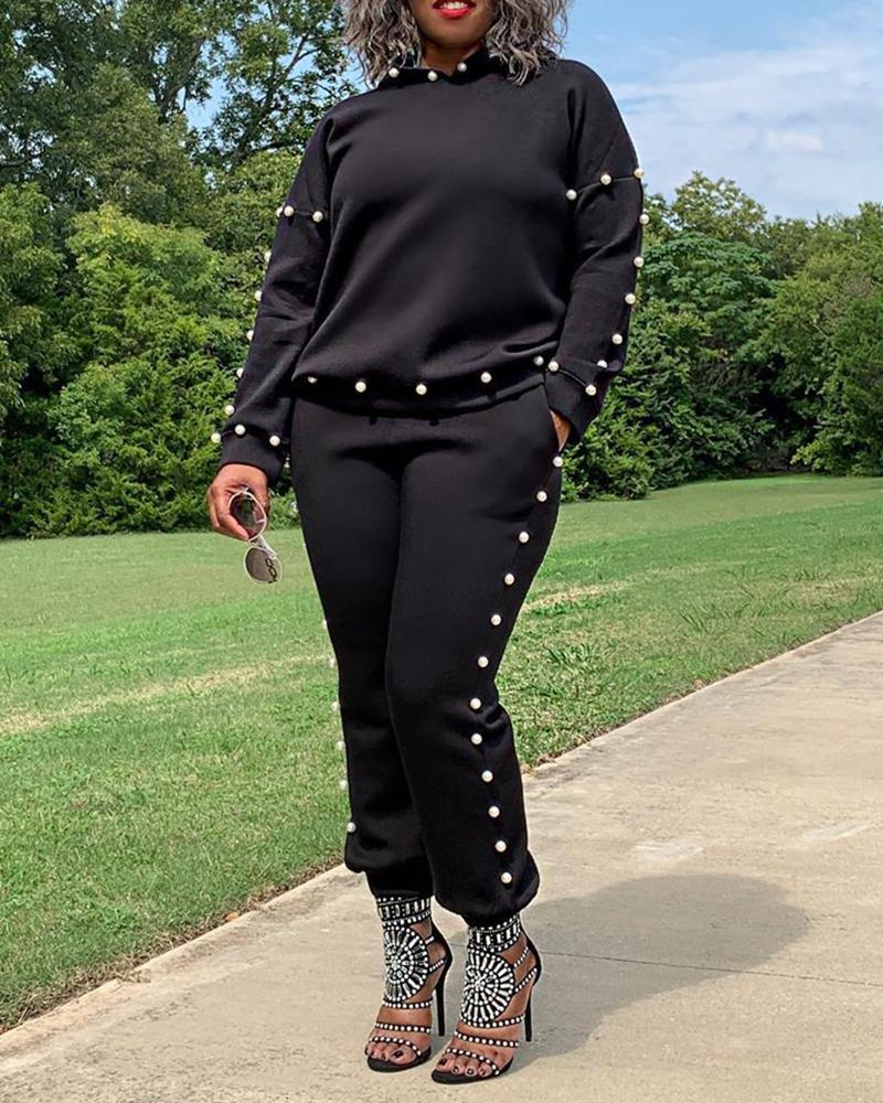 

Beaded Long Sleeve Hooded Sweatshirt & Pocket Design Pants Set, Black