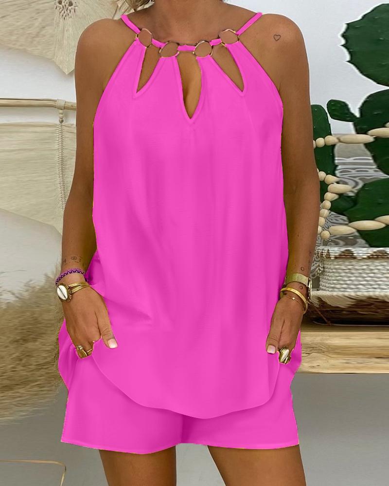 

O-Ring Decor Sleeveless Top & Shorts Set, Hot pink