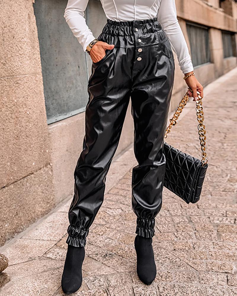 

PU Leather Shirring Detail High Waist Pants, Black