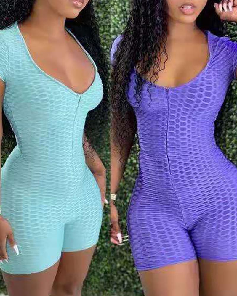 

Short Sleeve Waffle Knit Skinny Romper, Purple