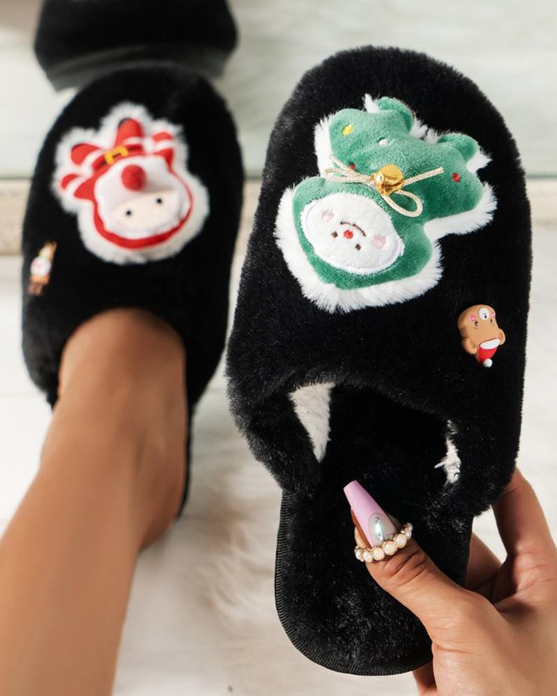 

Christmas Cartoon Santa Pattern Fuzzy Slippers, Black