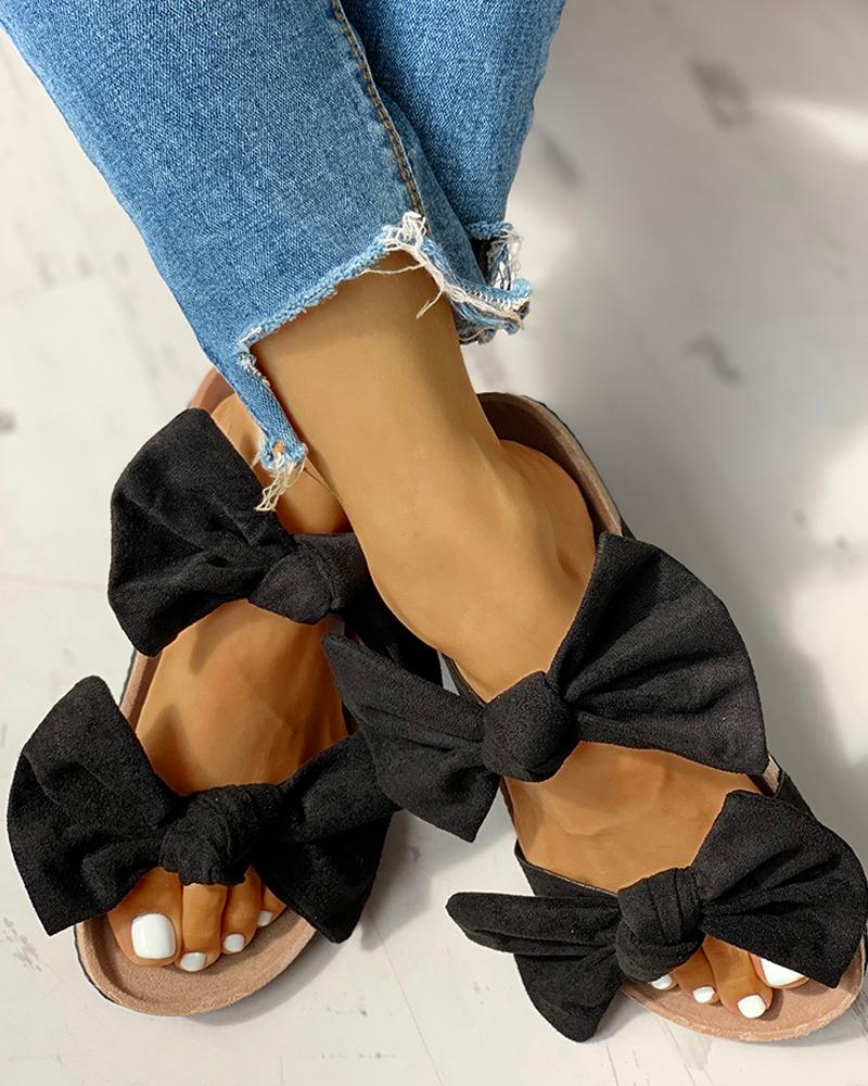 

Bowknot Design Casual Flat Sandals, Black