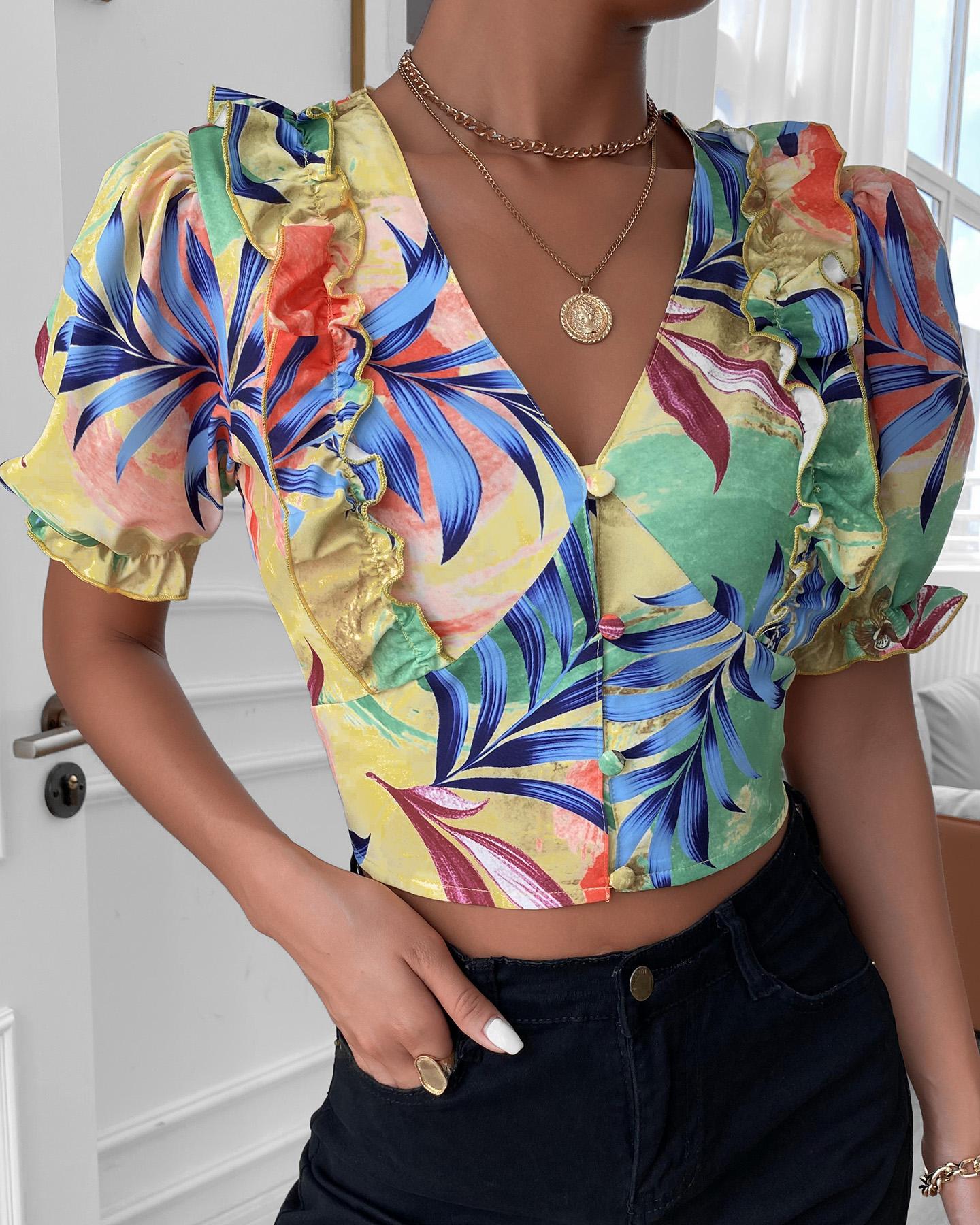 

Tropical Print Ruffles Frilll Hem Crop Top, Multicolor