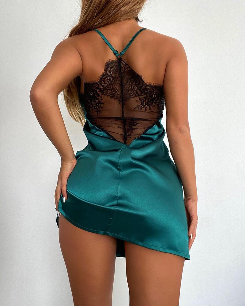 

Eyelash Lace Sheer Mesh Satin Babydoll, Green