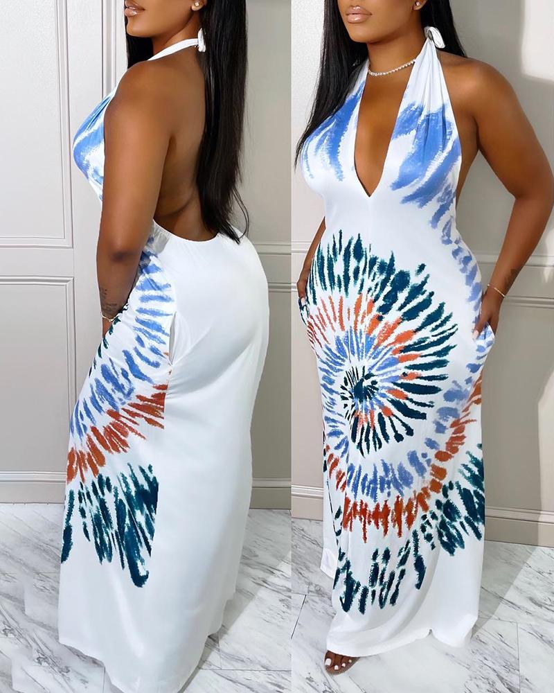 

Tie Dye Print Backless Halter Maxi Dress, White