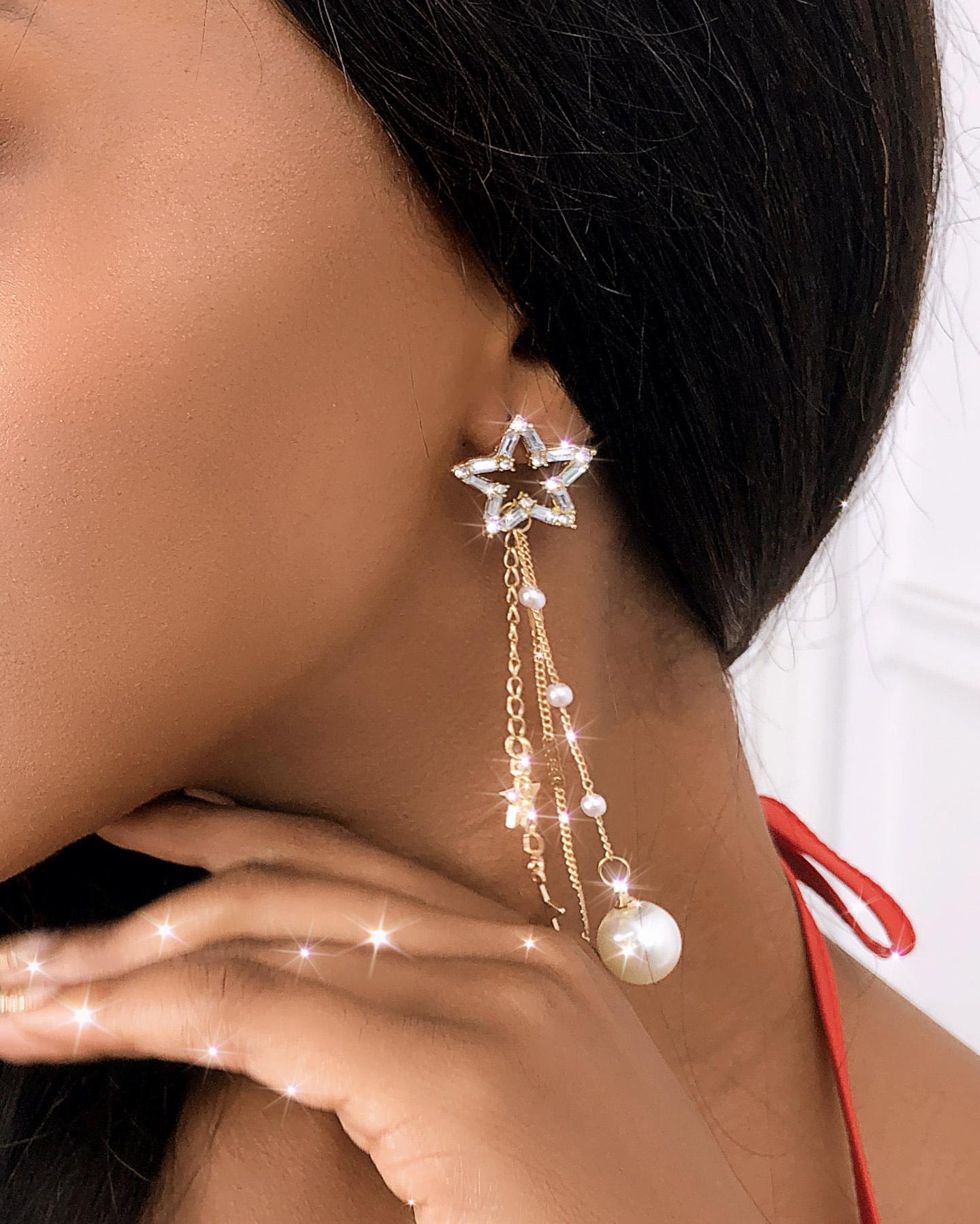 

1Pair Star Pattern Rhinestone Beaded Tassel Drop Earrings, Style1