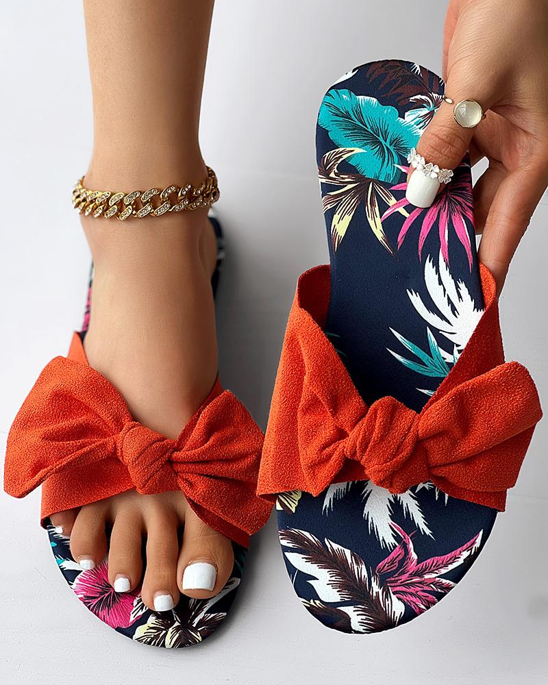 

Tropical Print Bowknot Decor Slippers, Orange