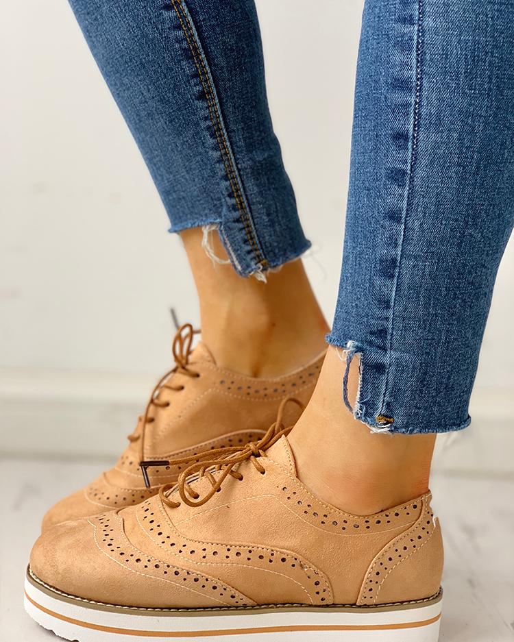 

Hollow Out Pattern Lace-up Platform Shoes, Khaki