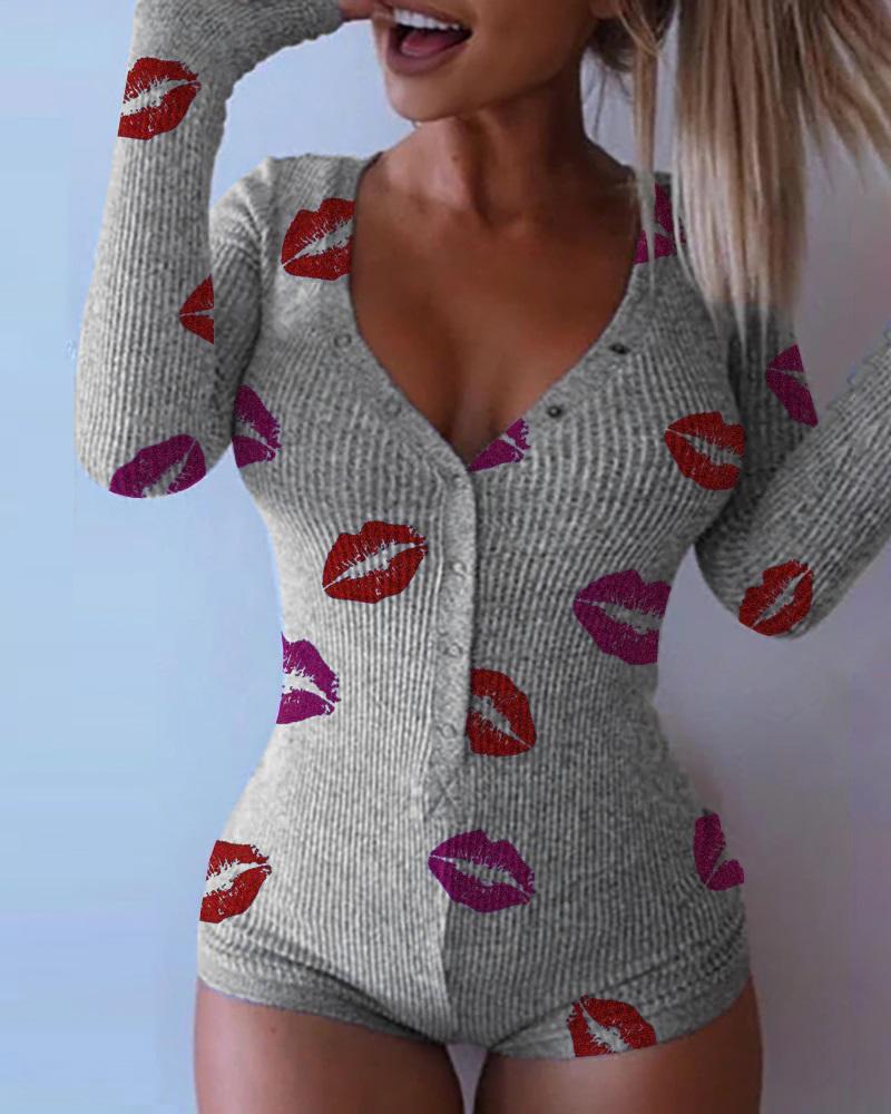 Lips Print V-Neck Long Sleeve Romper