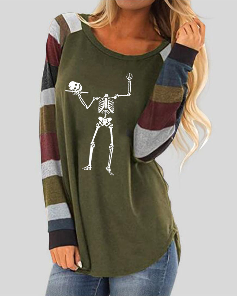 

Halloween Skeleton Print Striped Long Sleeve Top, Army green