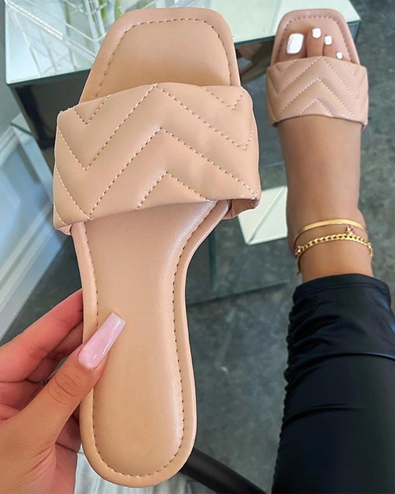 

Chevron Pattern Square Toe Slide Slippers, Khaki