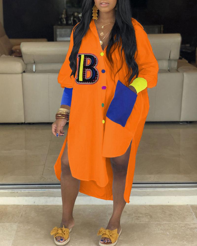 

Embroidery Letter Asymmetrical Button Down Shirt Dress, Orange