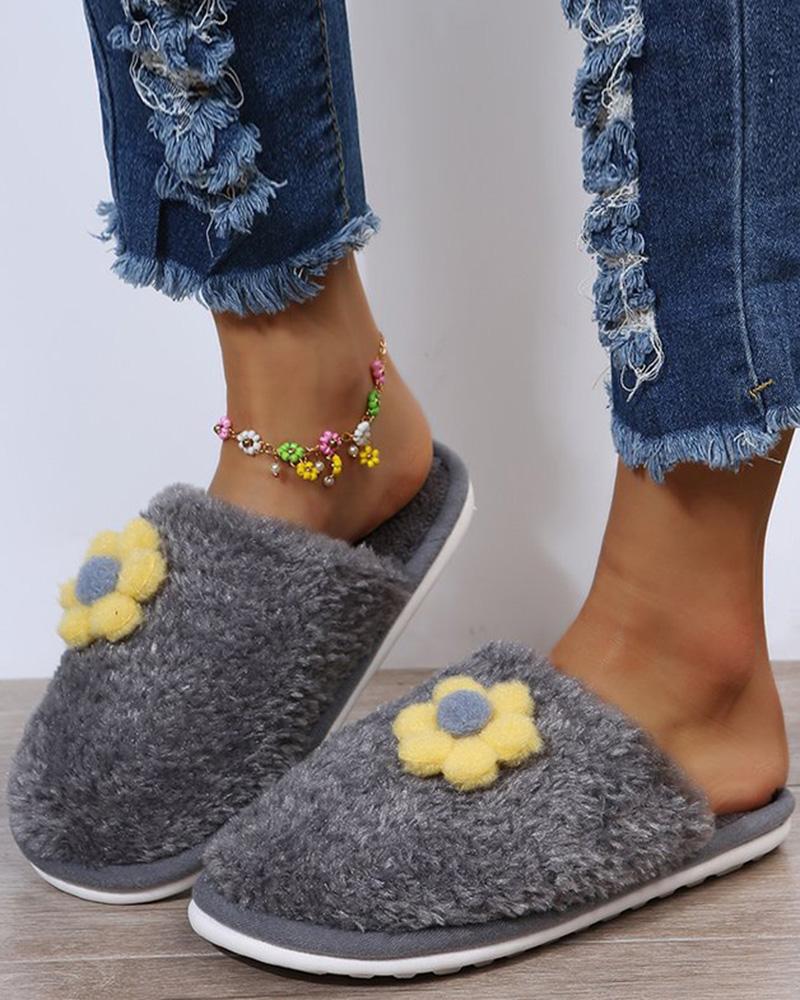 

Floral Pattern Lined Fuzzy Slippers, Gray