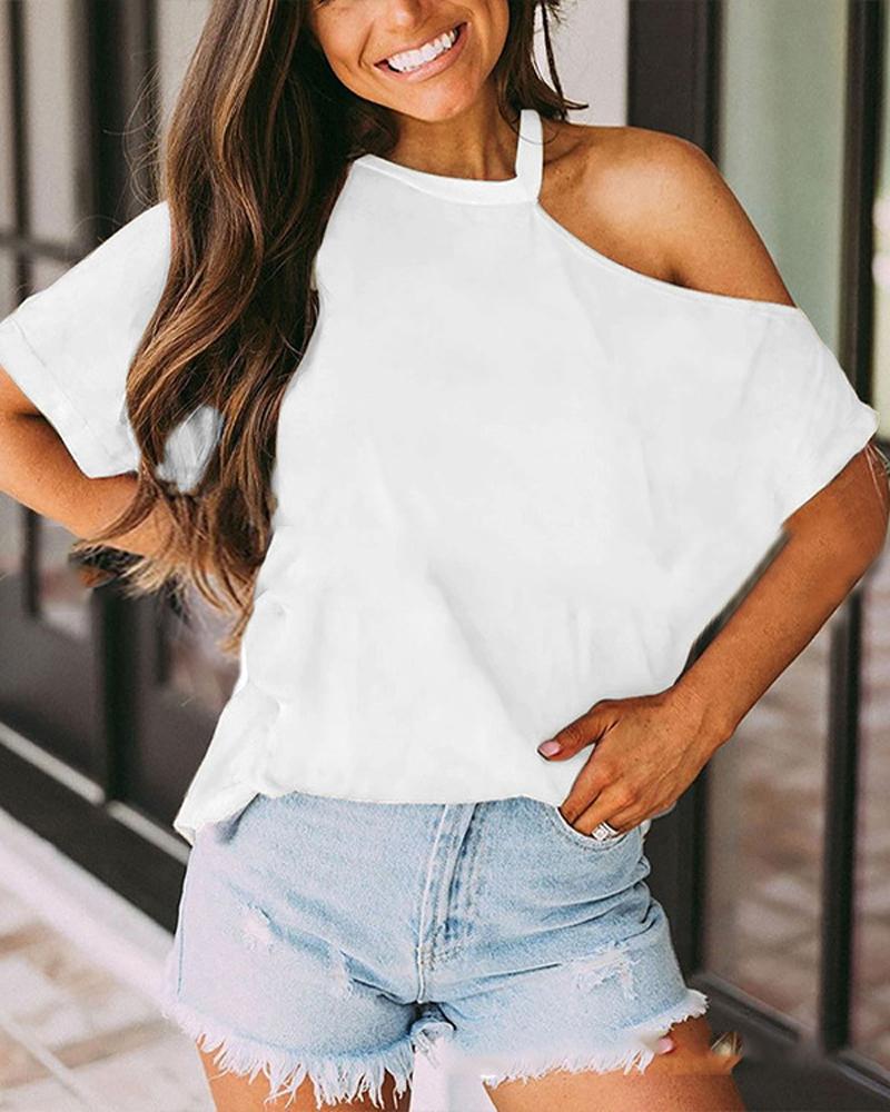 

Plain Cold Shoulder Casual T-shirt, White