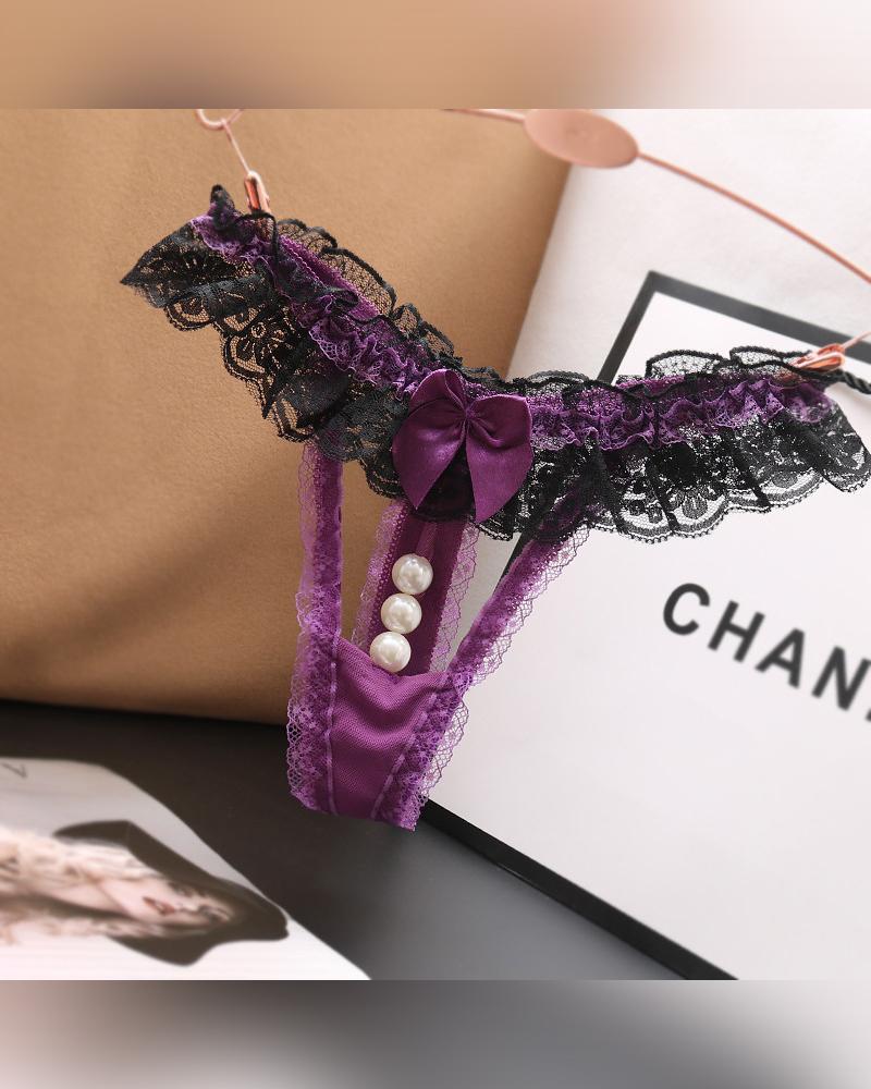 

Lace Splicing Pearl Sexy Bownot Hollow-out Thongs, Purple