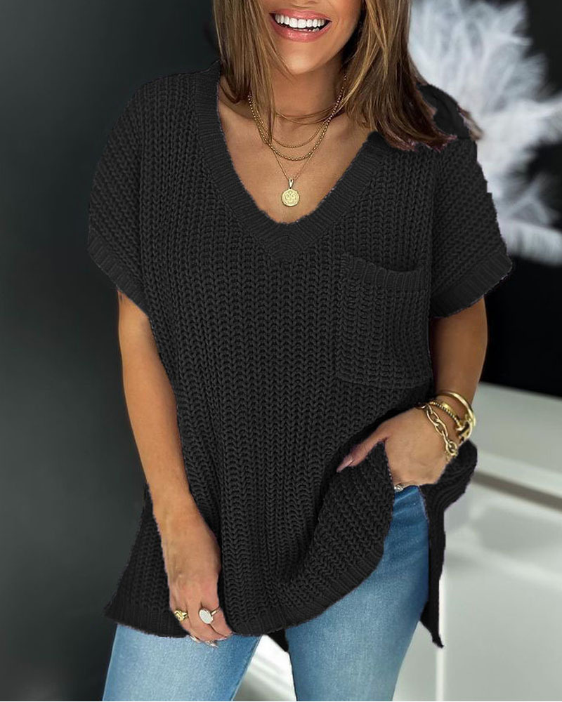

Pocket Detail V-Neck Chunky Knit Top, Black