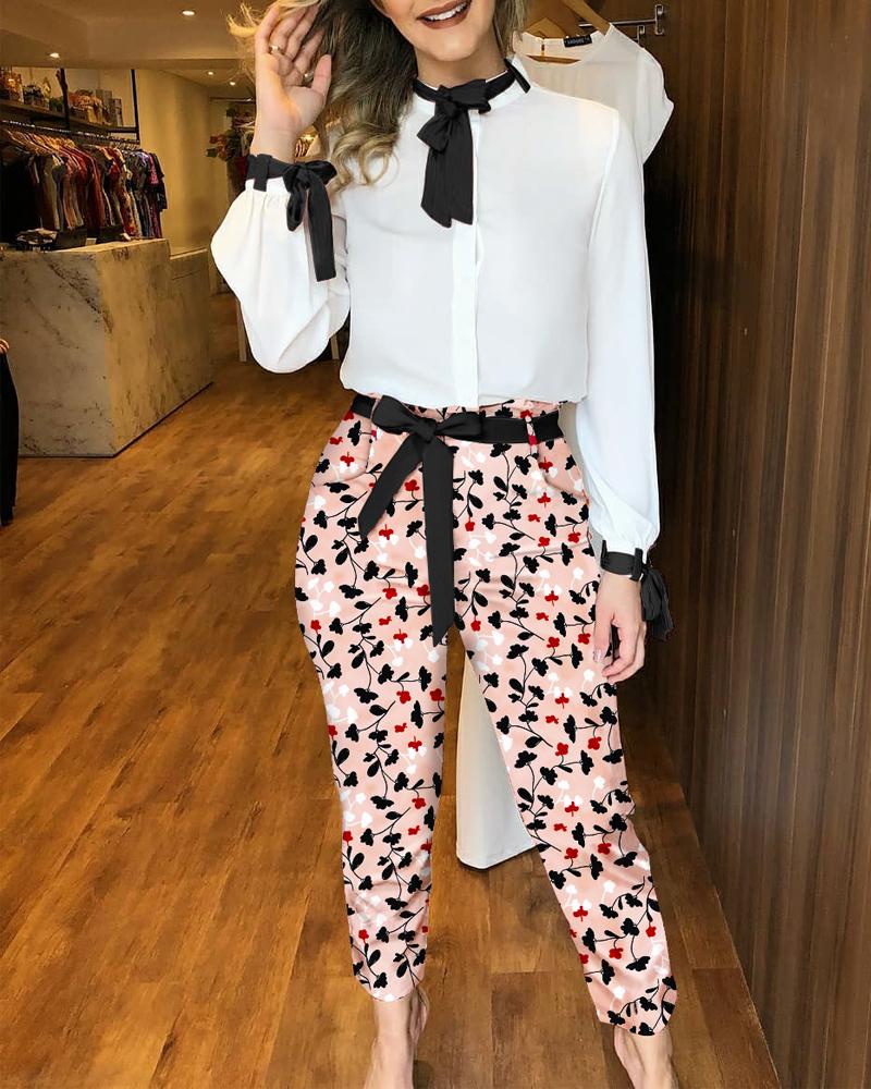 

Floral Print Tie Neck Long Sleeve Top & Pants Set, Pink