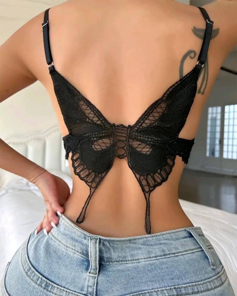 

Embroidery Butterfly Decor Lace Bralette, Black