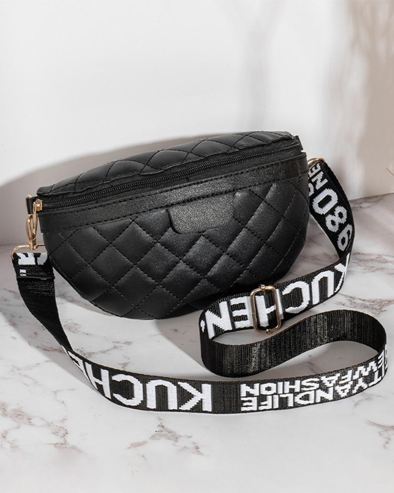 

Quilted Letter Band Zipper Design Crossbody Bag, Black